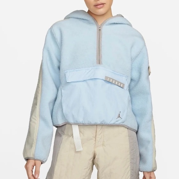 Air Jordan Women’s 1/2 Zip Light Blue Hooded Fleece Sherpa Jacket DJ2726-010 NEW - Picture 1 of 9